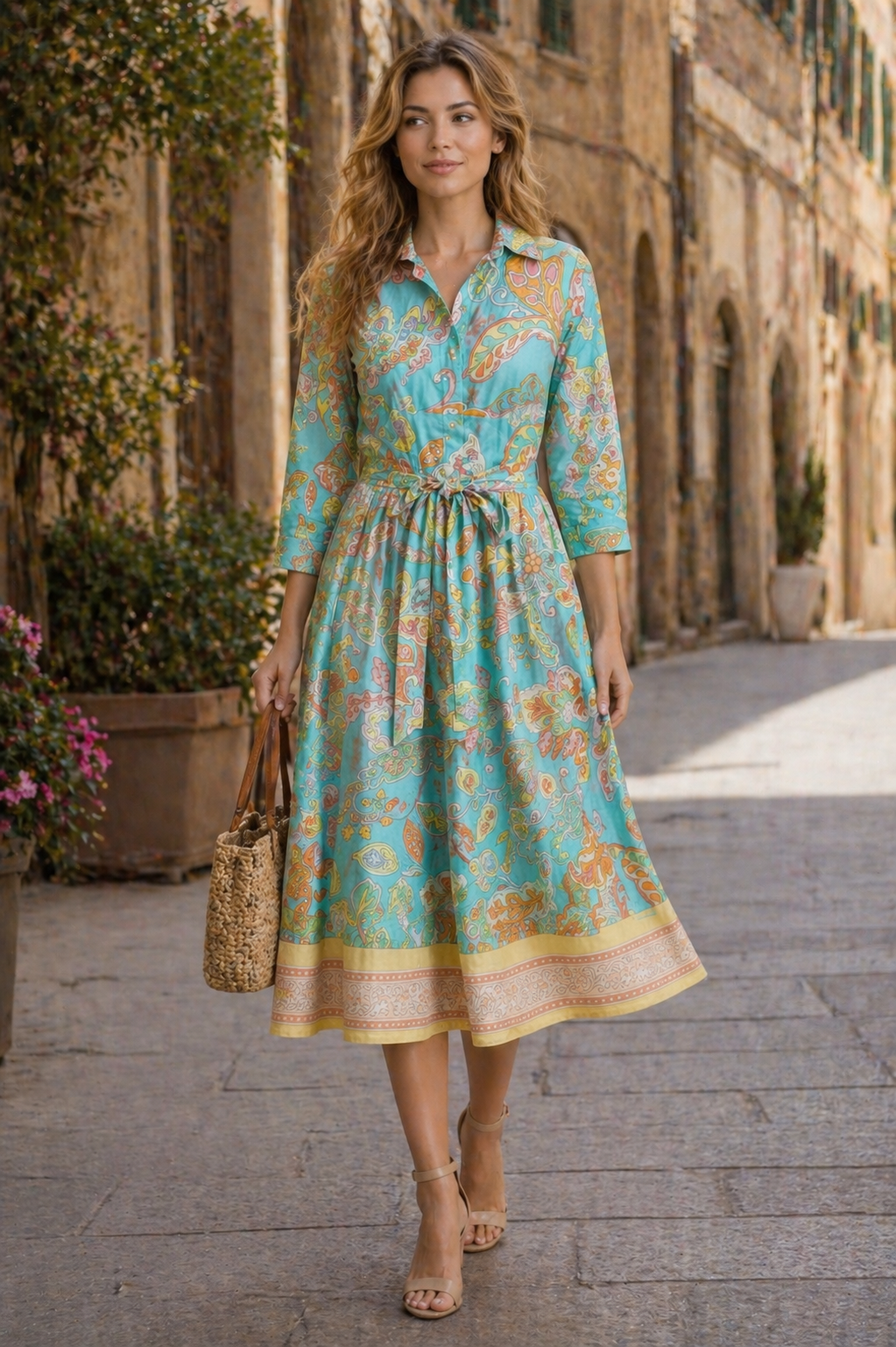 Paisley-Leinenkleid Türkis | Multicolor