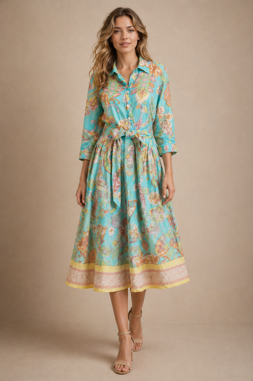 Paisley-Leinenkleid Türkis | Multicolor