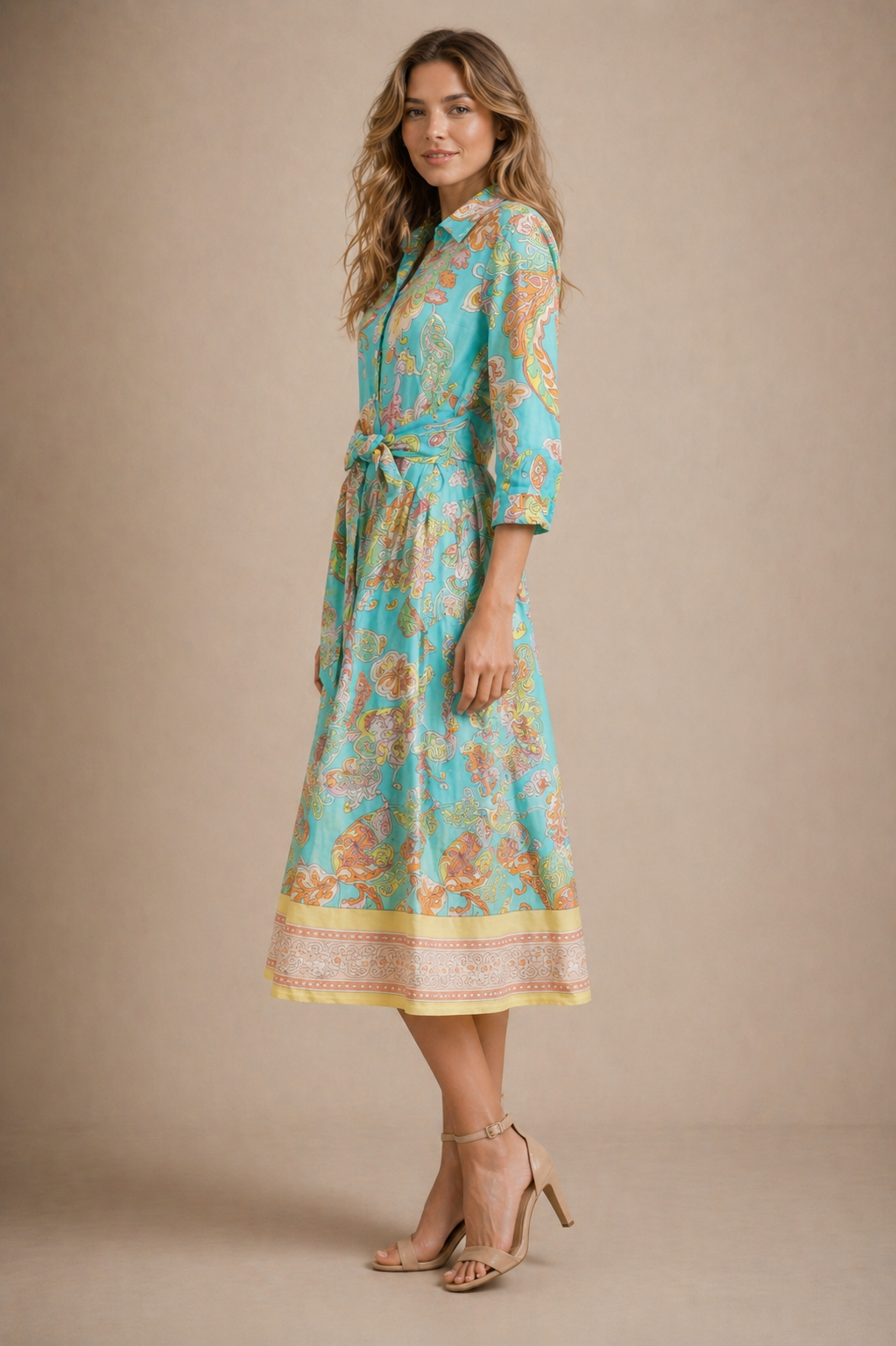 Paisley-Leinenkleid Türkis | Multicolor