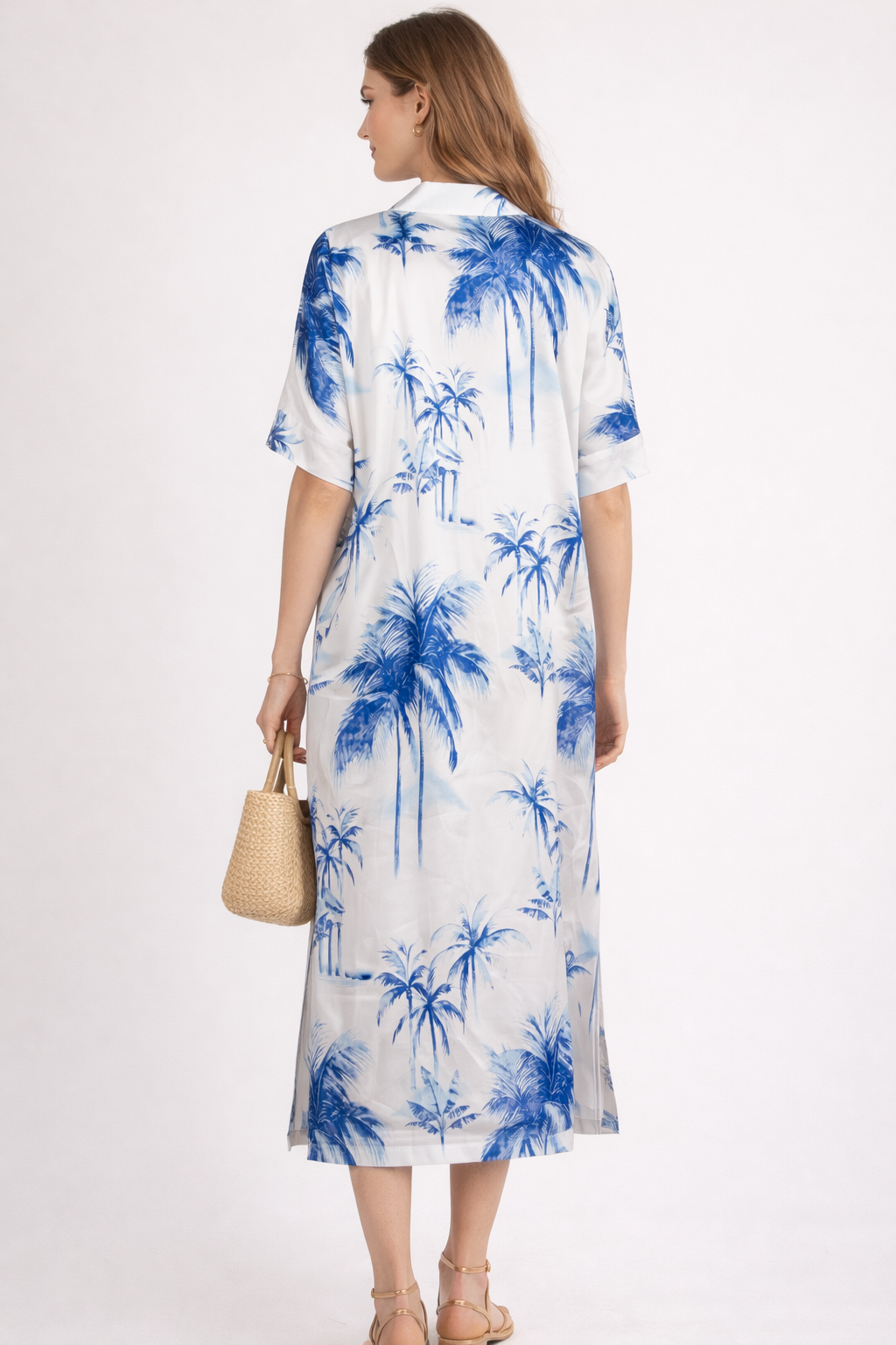 Seidenkleid „Palmen“ Weiß | Blau