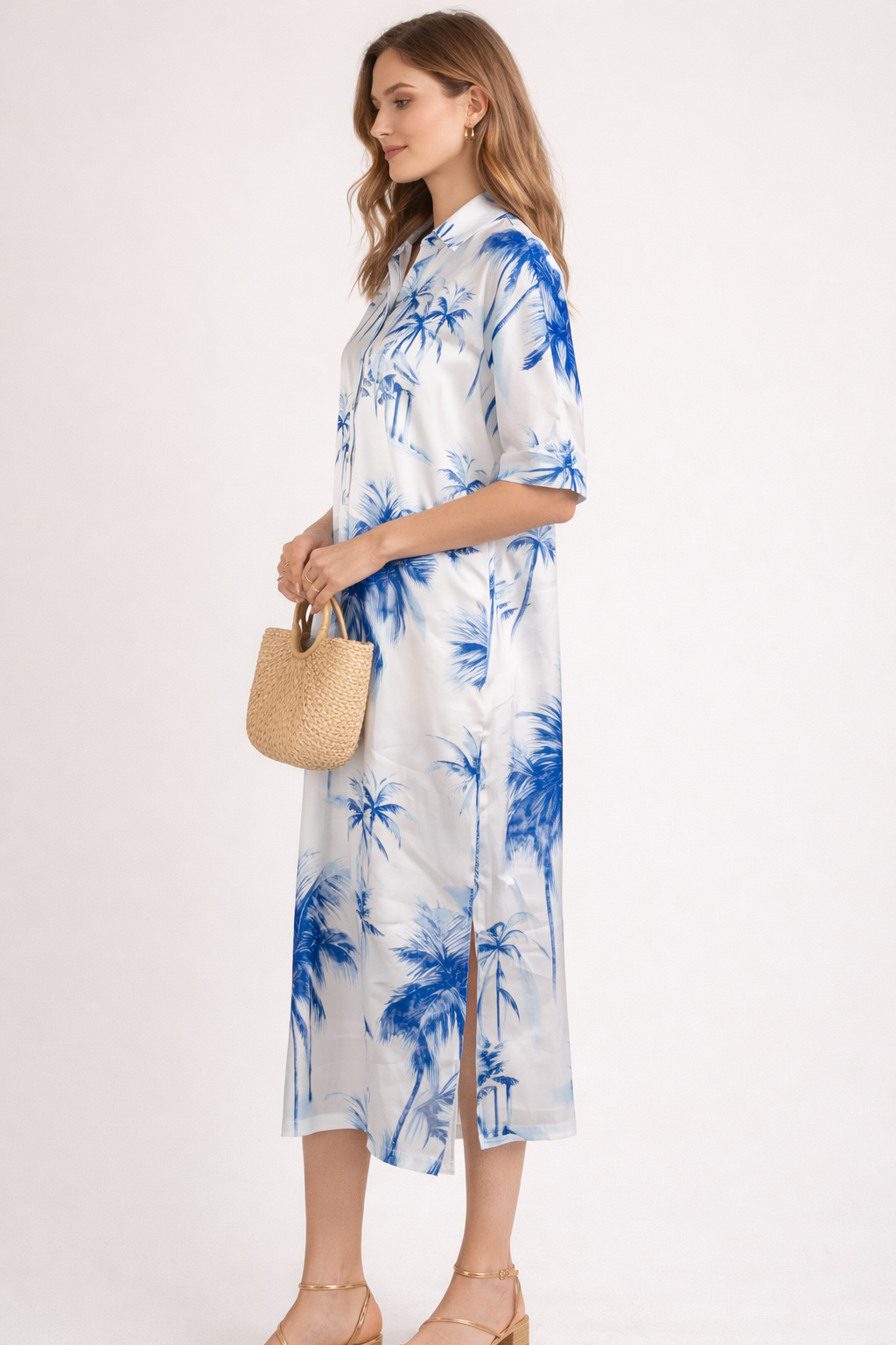 Seidenkleid „Palmen“ Weiß | Blau