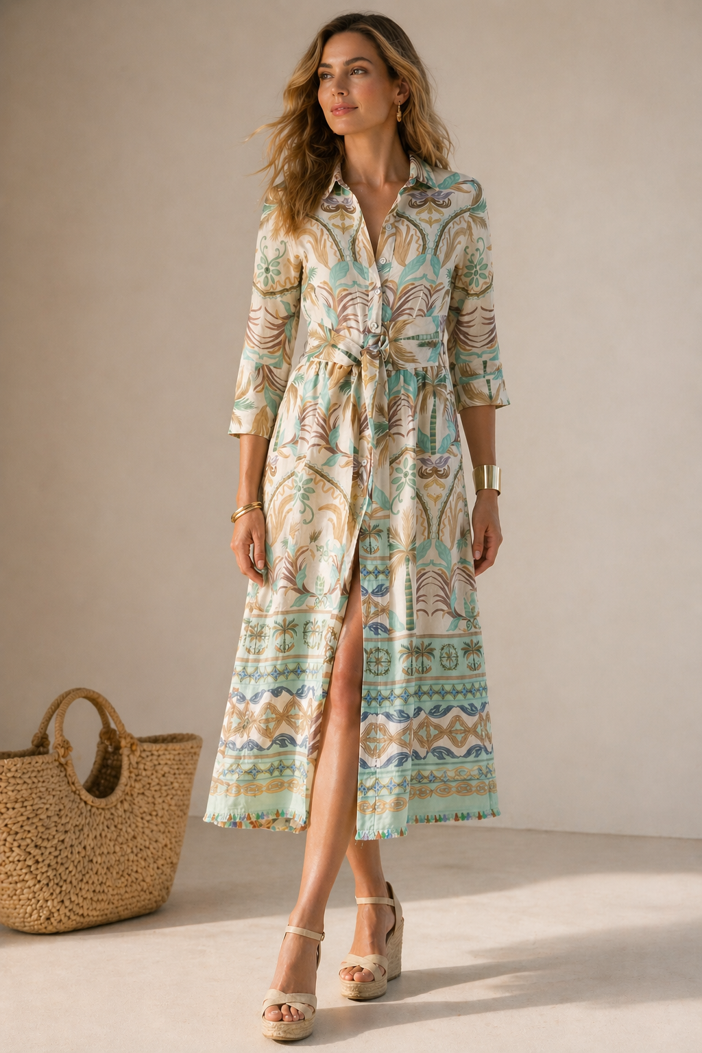 Leinen-Blusenkleid „Tropical“ Weiß | Türkis | Multicolor