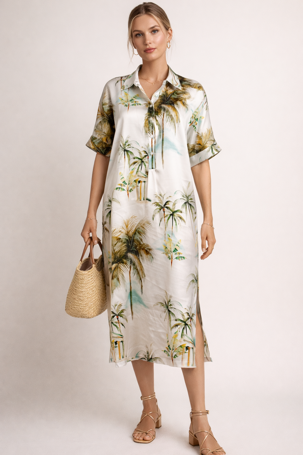 Seidenkleid „Palmen“ Grün | Multicolor