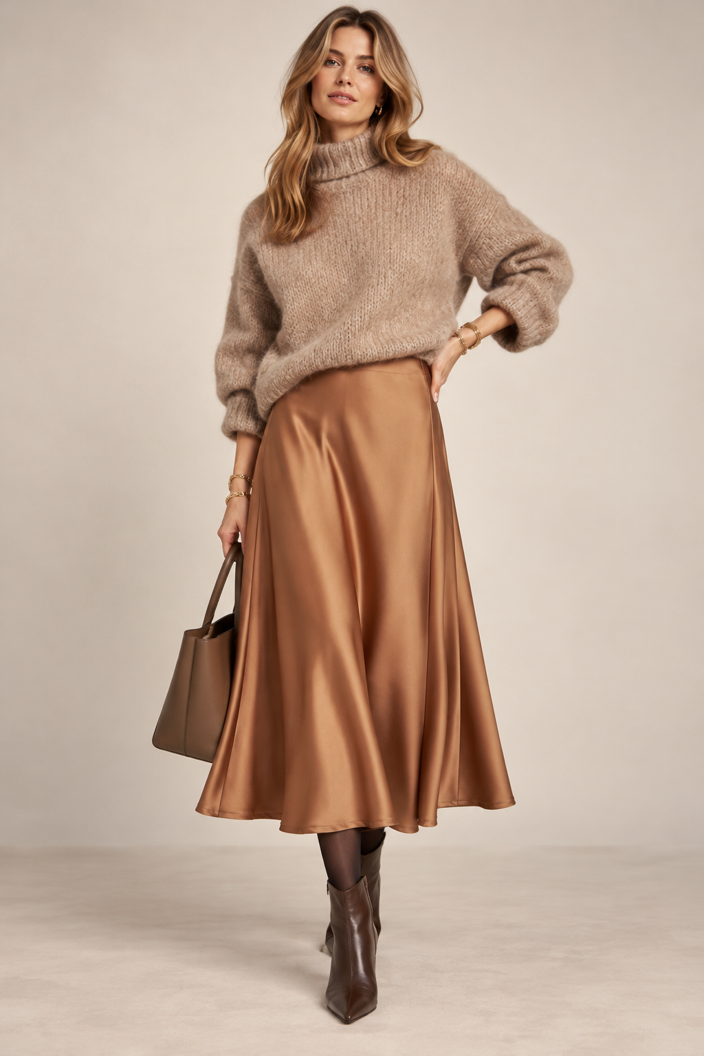 FLEUR / GOLDENER GLANZ: DER SATIN-MIDI-ROCK BEIGE-GOLD / Frontansicht