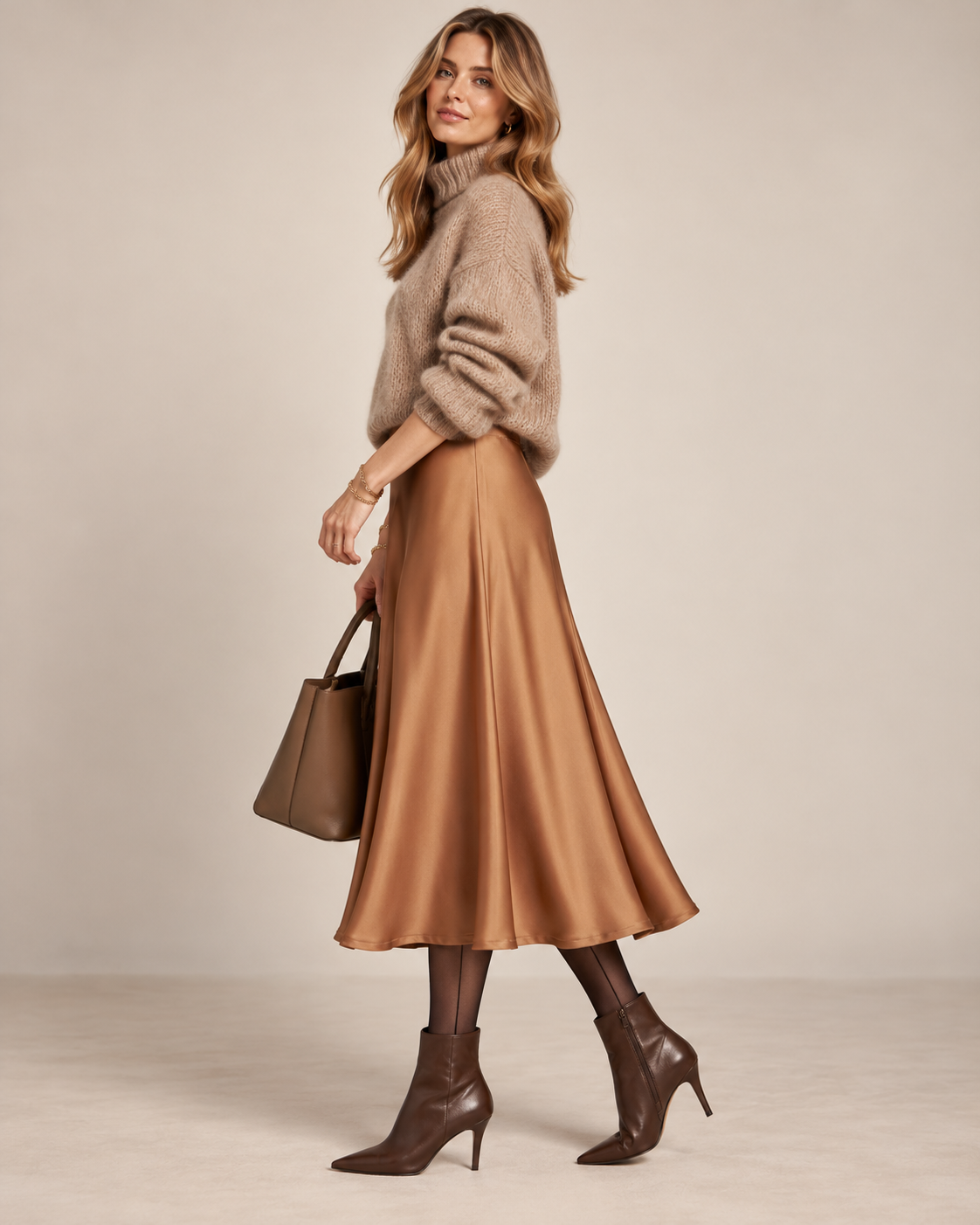 FLEUR / GOLDENER GLANZ: DER SATIN-MIDI-ROCK BEIGE-GOLD / Seitenansicht