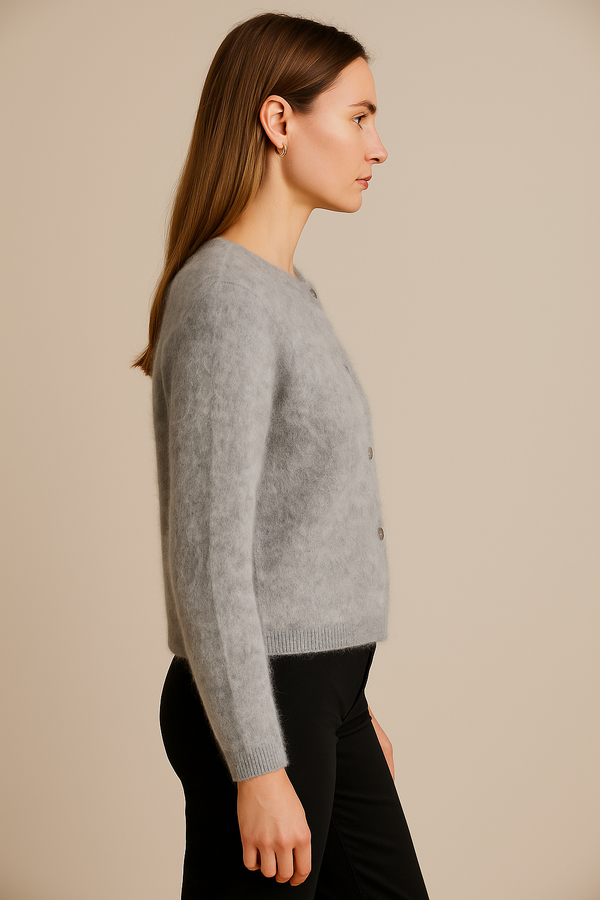 Kaschmir Strickjacke „Fell-Optik“ Melange Grau
