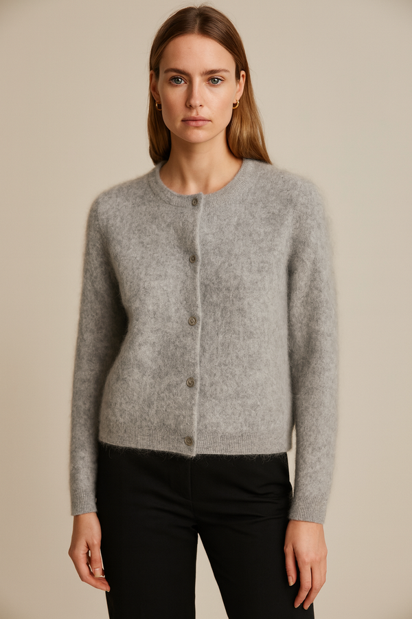 Kaschmir Strickjacke „Fell-Optik“ Melange Grau