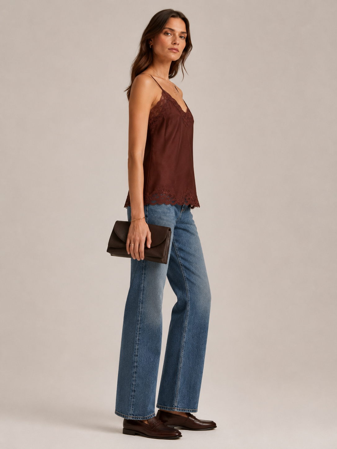 Seidene Spitzen-Camisole „Boudoir-Stil“ Schokobraun