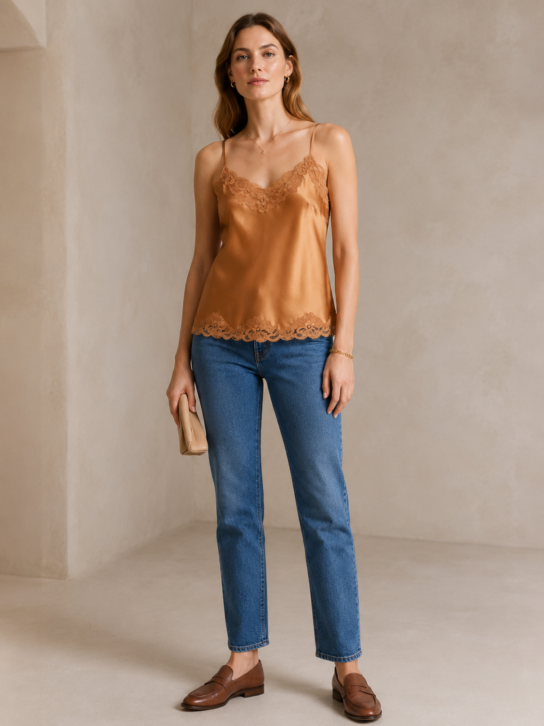Seidene Spitzen-Camisole „Boudoir-Stil“ Gold/Camel-Ton