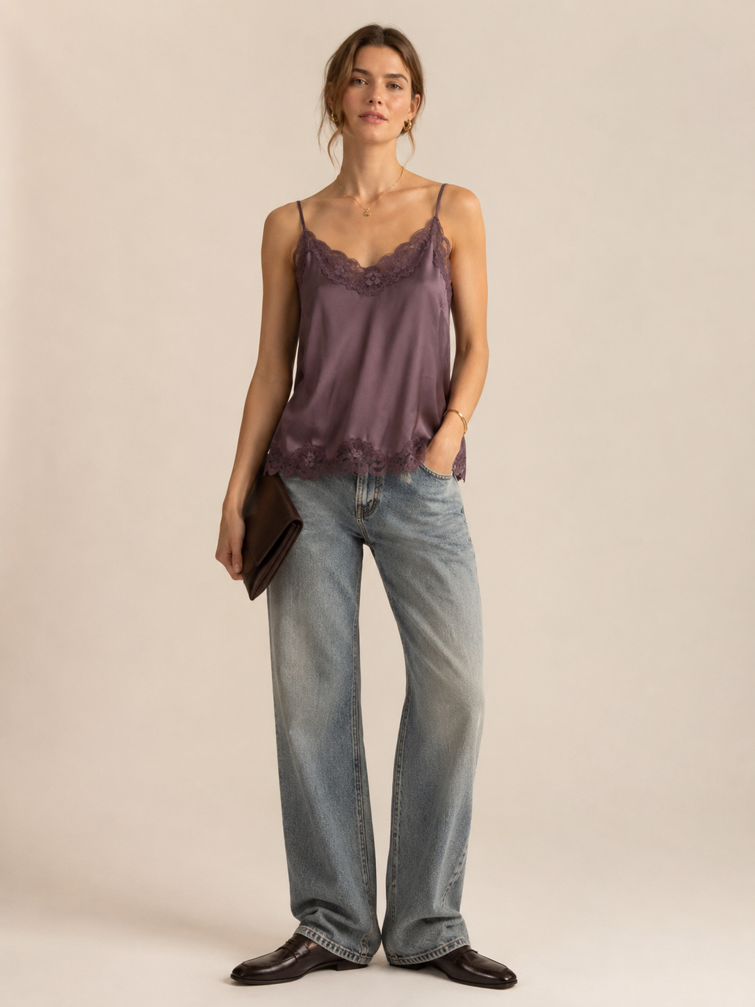 Seidene Spitzen-Camisole „Boudoir-Stil“ Pflaumenton (Plum)