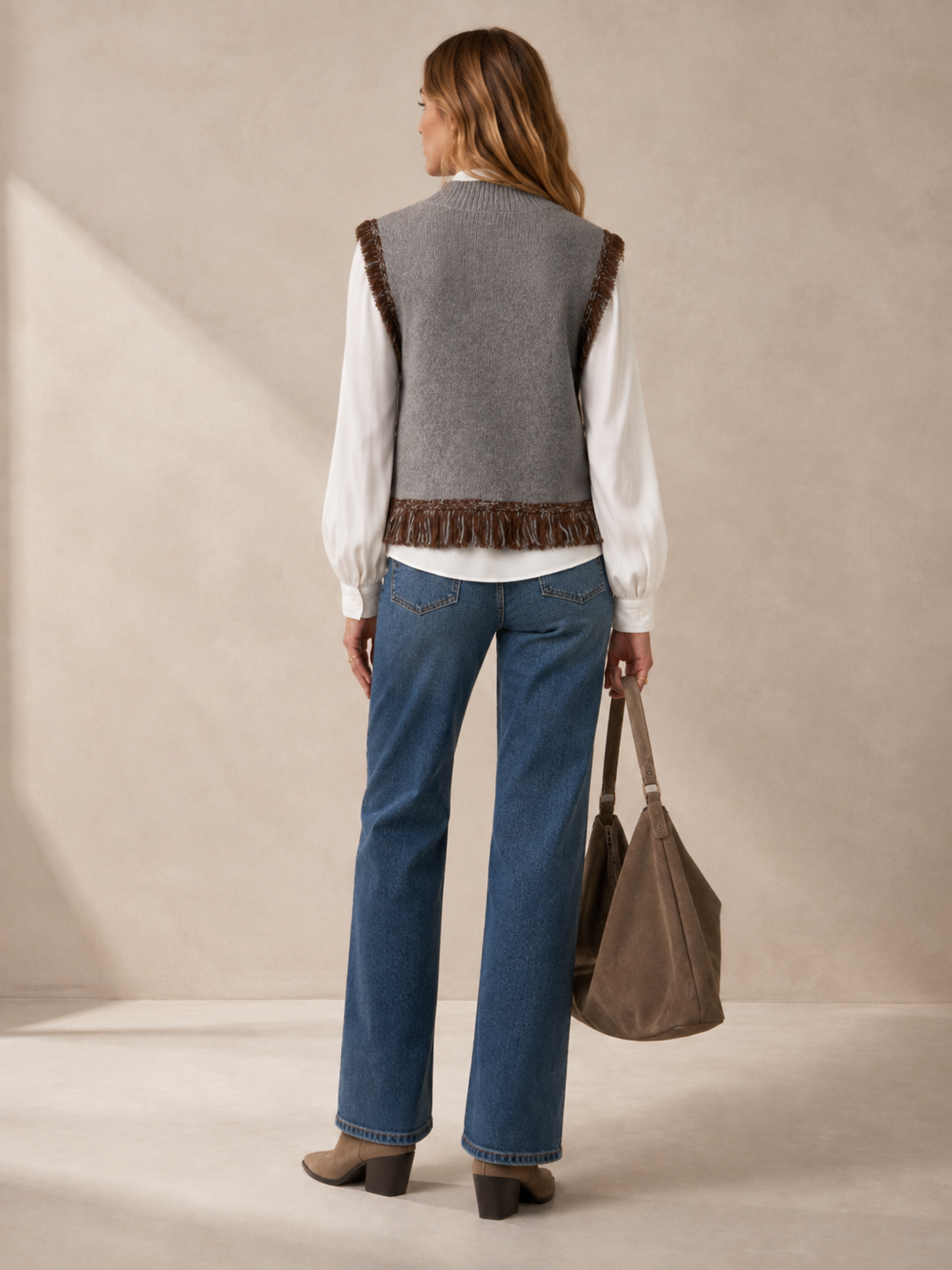 Ärmellose Strickpullover „Boho-Chic“ Melange Grau | Braun