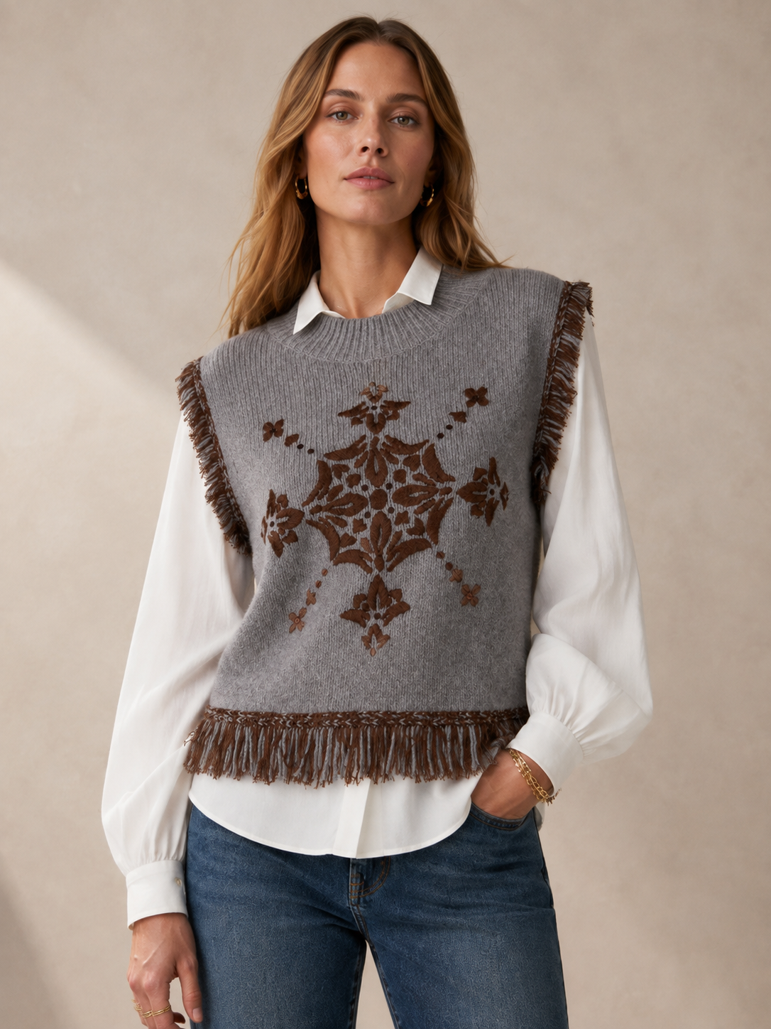 Ärmellose Strickpullover „Boho-Chic“ Melange Grau | Braun