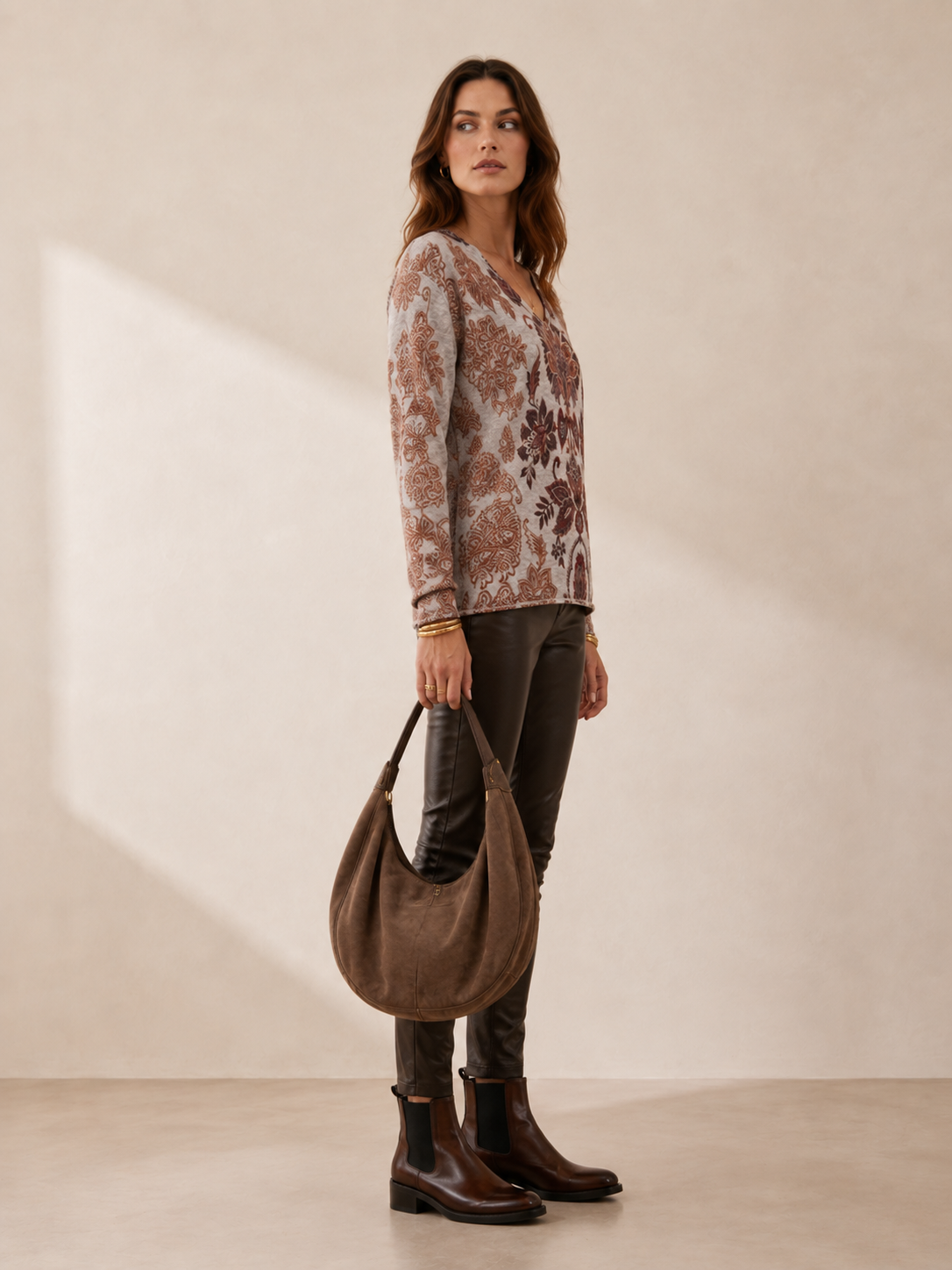 Kaschmir-Blend-Pullover „Floral- & Paisley“ Melange Grau | Multicolor