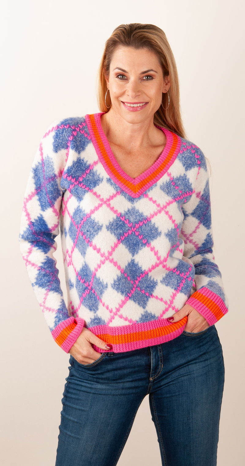 Pullover „Karo“ Weiß | Blau | Pink