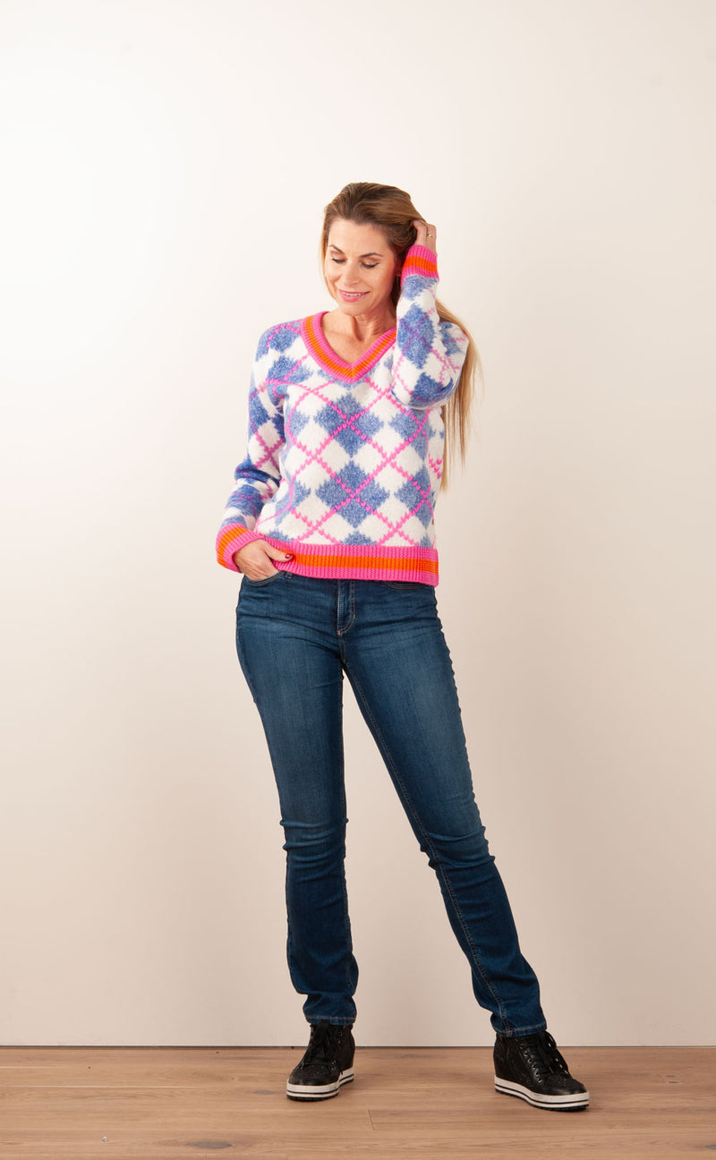 Pullover „Karo“ Weiß | Blau | Pink