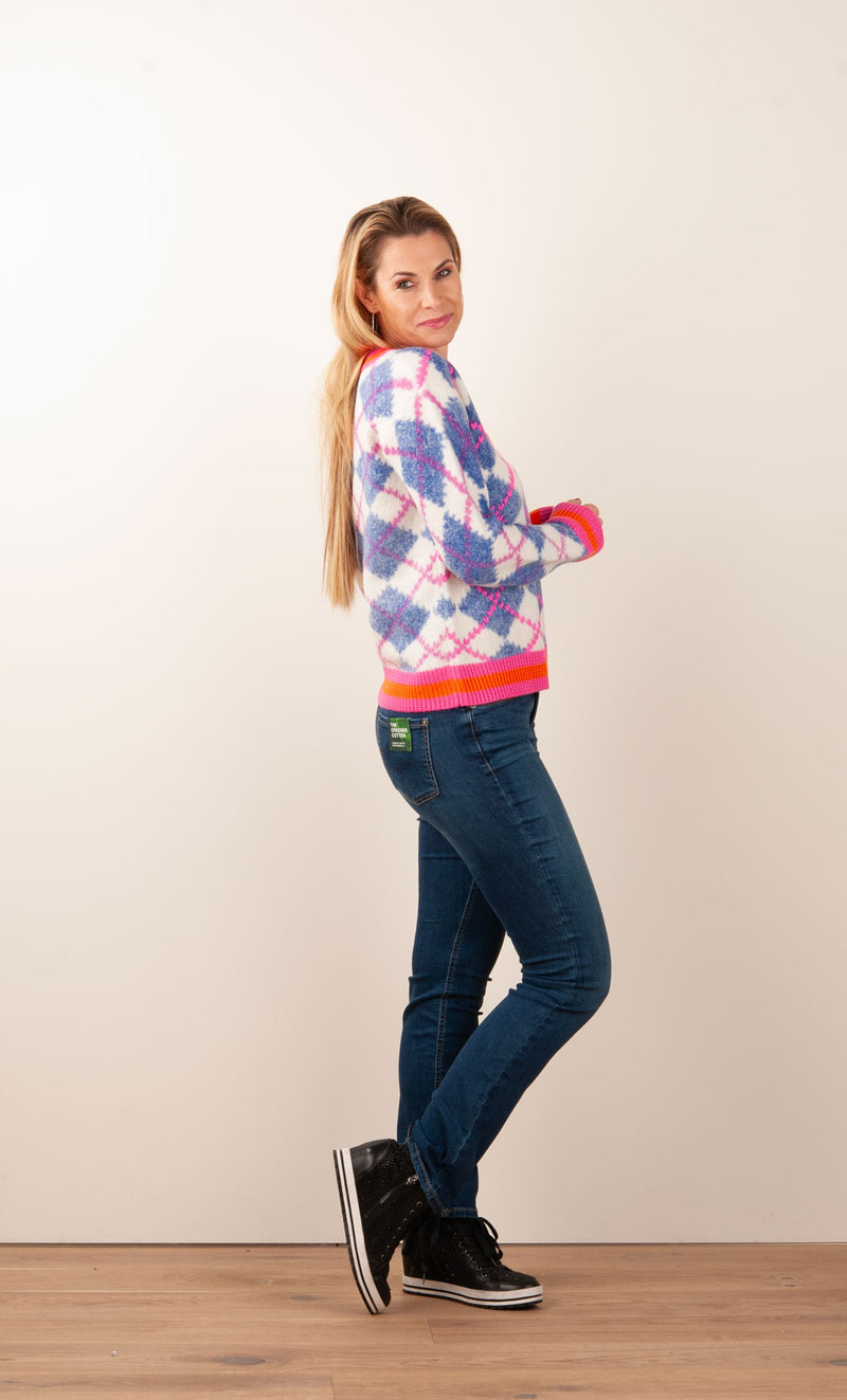 Pullover „Karo“ Weiß | Blau | Pink