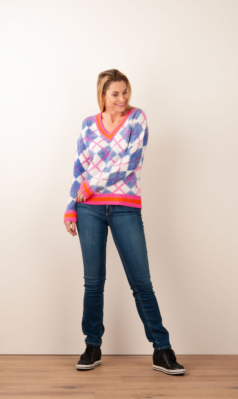 Pullover „Karo“ Weiß | Blau | Pink