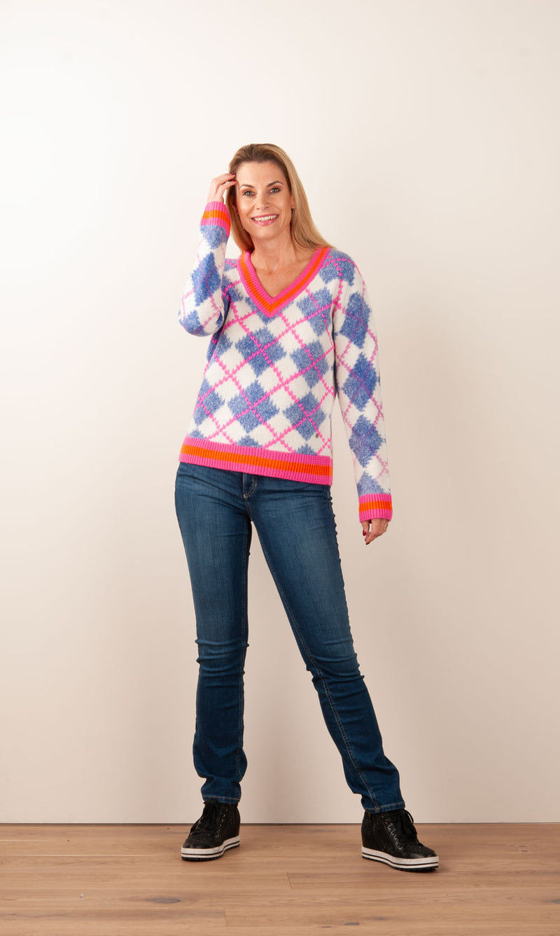 Pullover „Karo“ Weiß | Blau | Pink