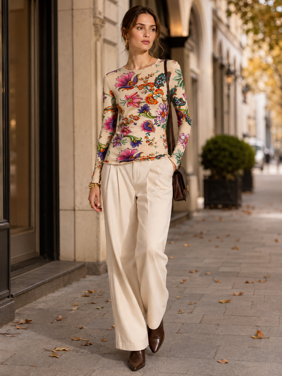 Statement-Langarmshirt „Floral & Ornament“ Creme | Multicolor