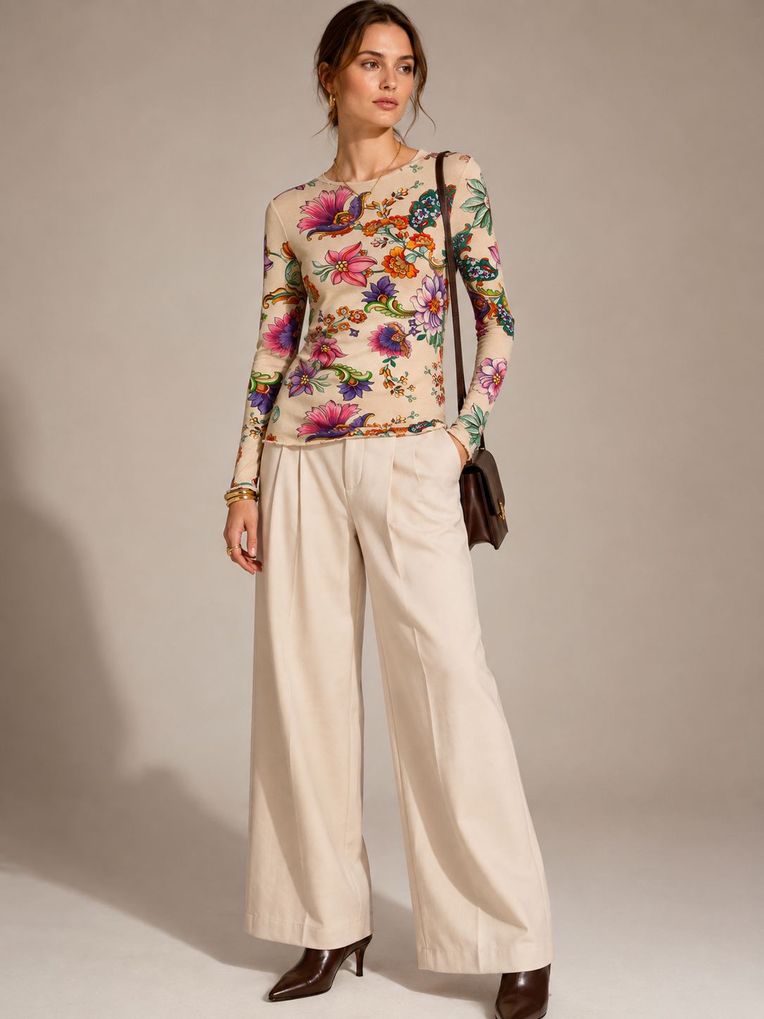 Statement-Langarmshirt „Floral & Ornament“ Creme | Multicolor