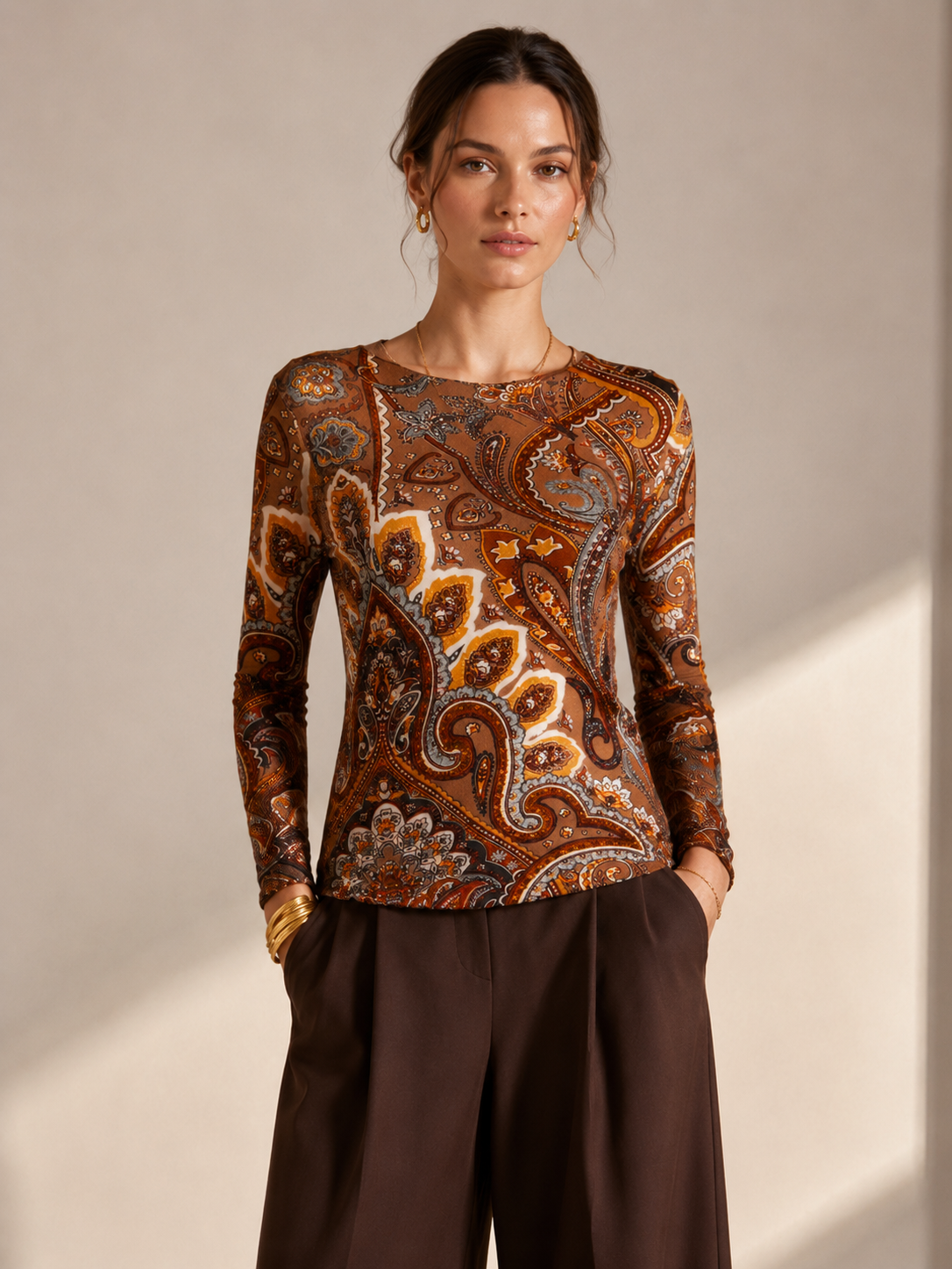 Statement-Langarmshirt „Paisley“ Braun | Multicolor