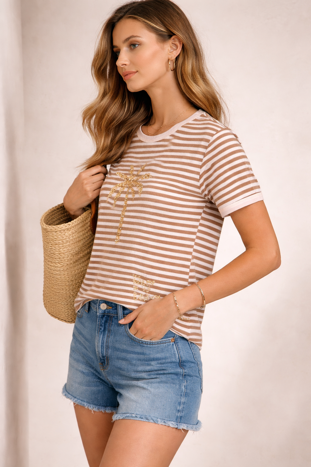 Frottee-Shirt „Palme“ Braun | Weiß