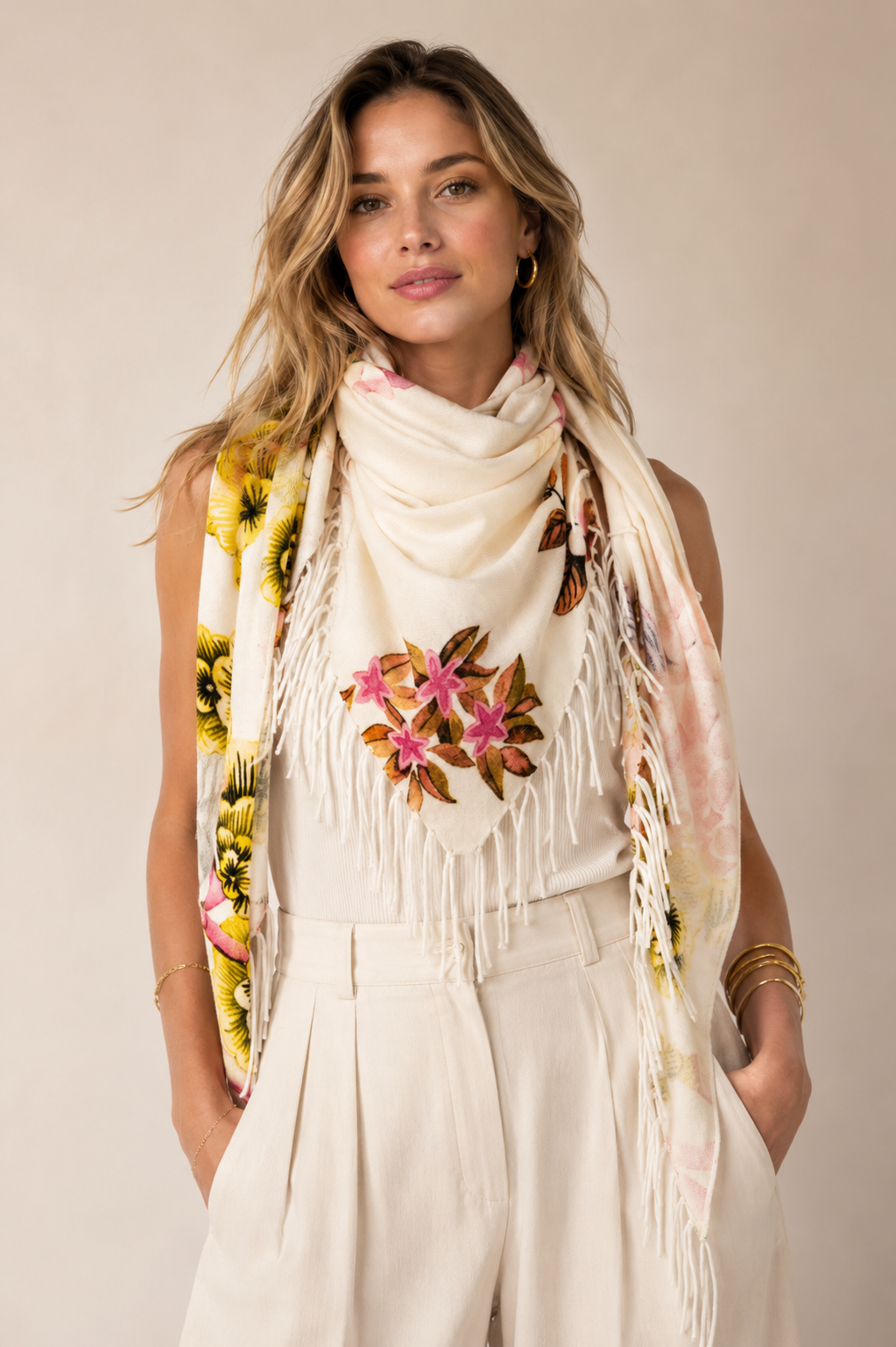 Kaschmir Dreieckstuch „Malou“ Creme | Multicolor