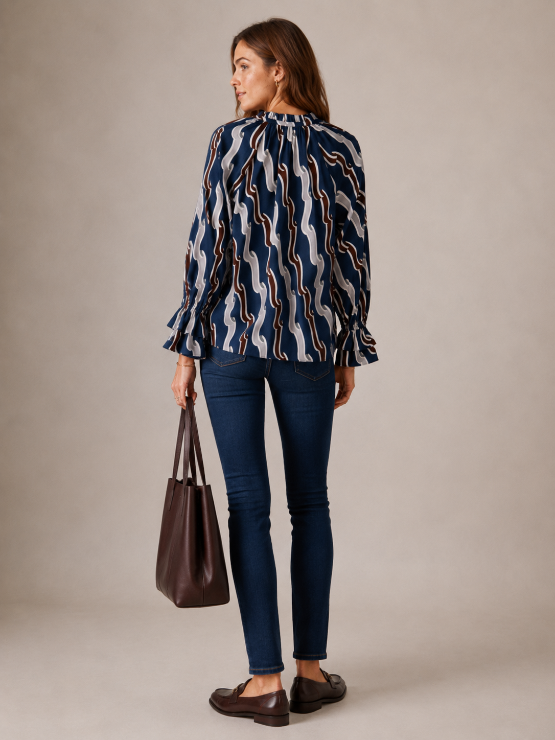 Seidenbluse „Retro-Chic“ Marineblau | Braun | Grau | Weiß