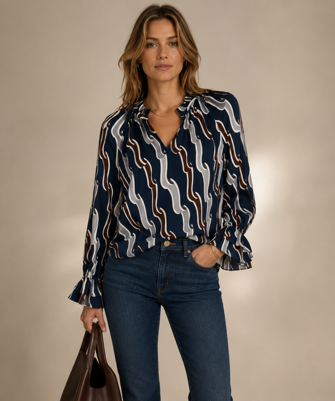 Seidenbluse „Retro-Chic“ Marineblau | Braun | Grau | Weiß