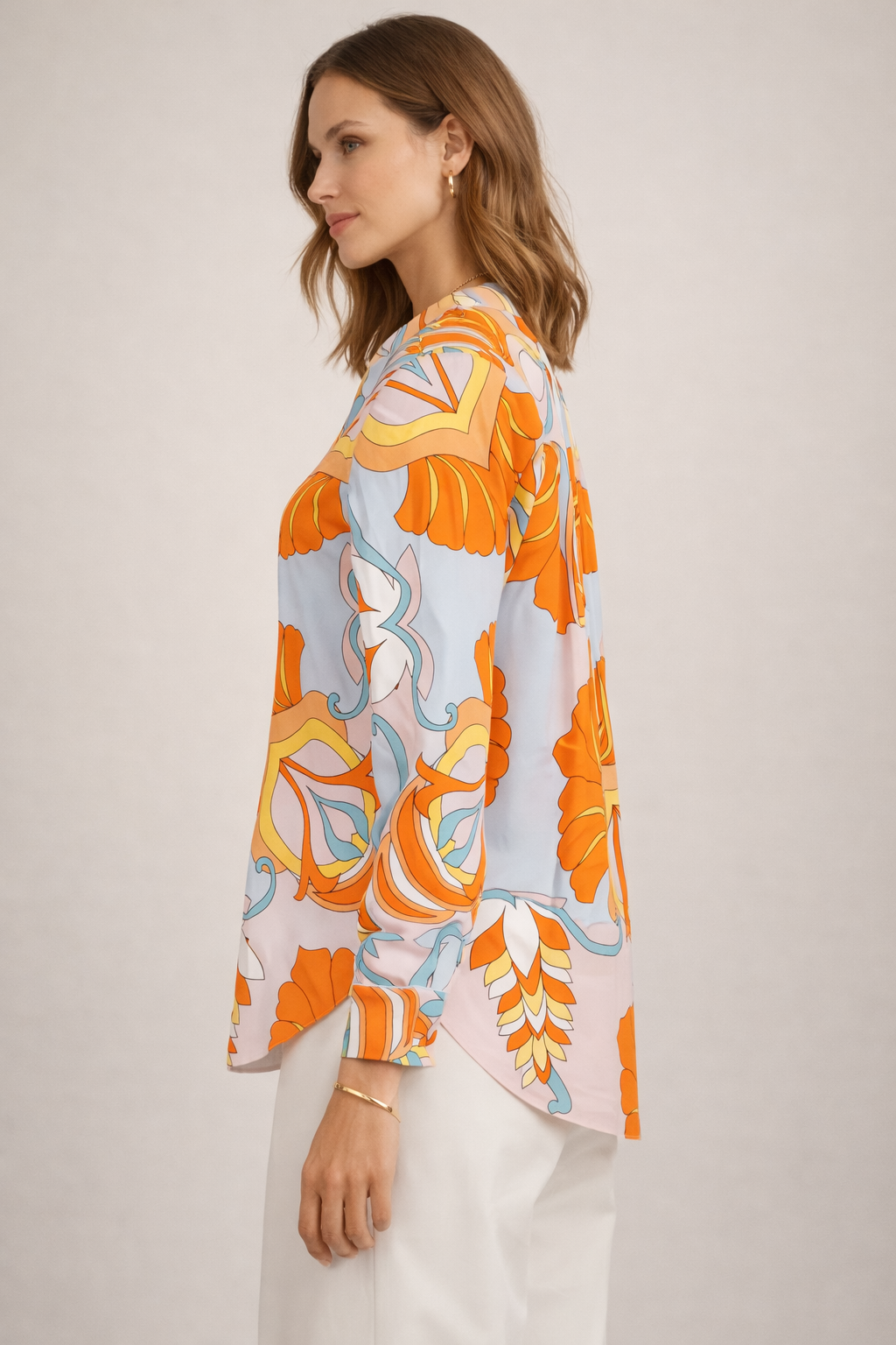 Seidenbluse Hellblau | Orange | Gelb