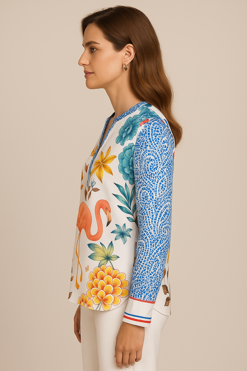 Seidenbluse „Flamingo“ Weiß | Multicolor