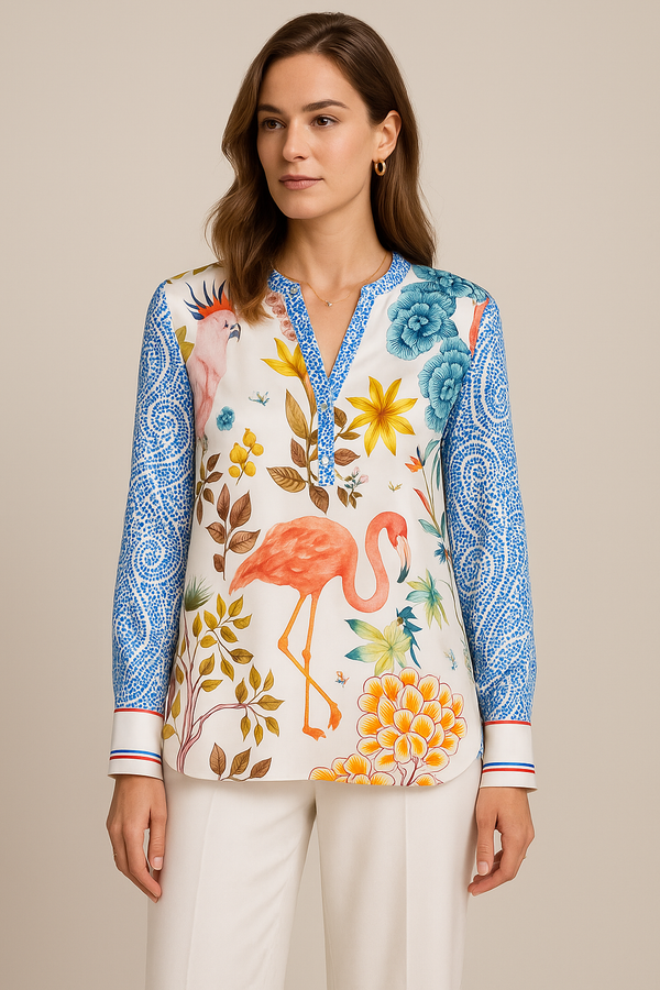 Seidenbluse „Flamingo“ Weiß | Multicolor