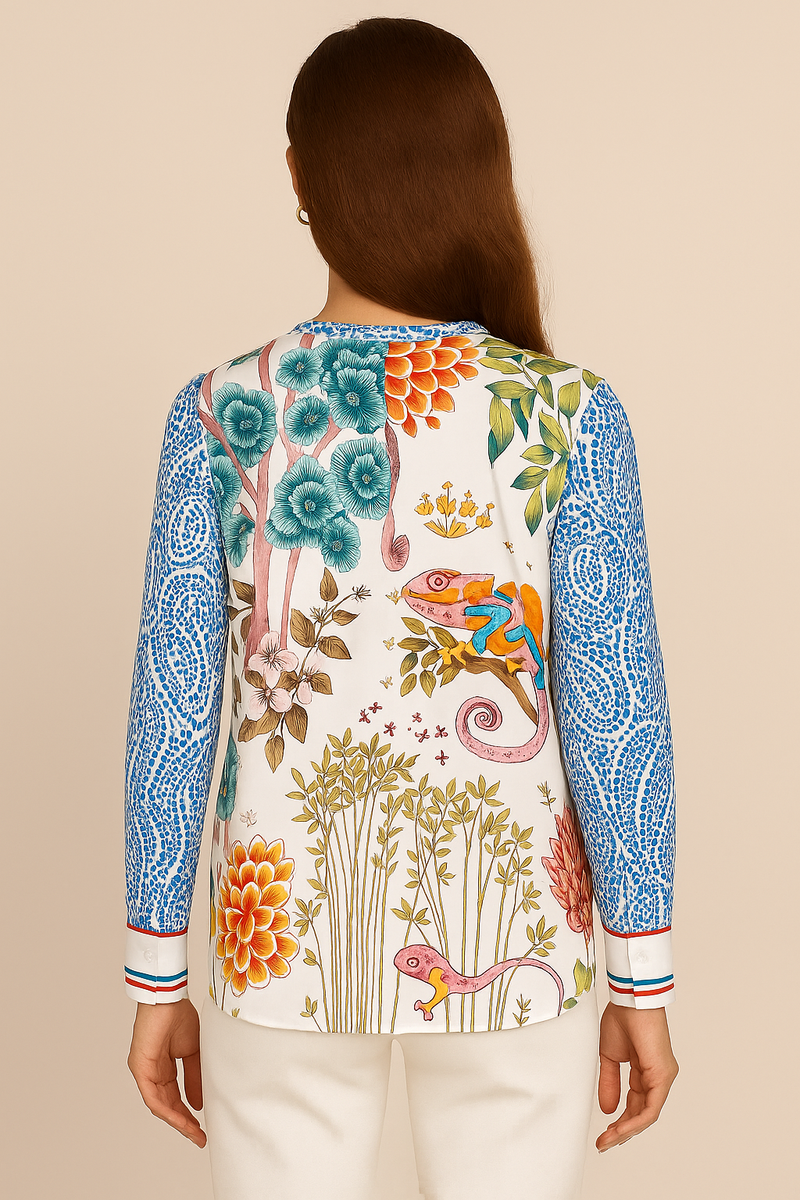 Seidenbluse „Flamingo“ Weiß | Multicolor