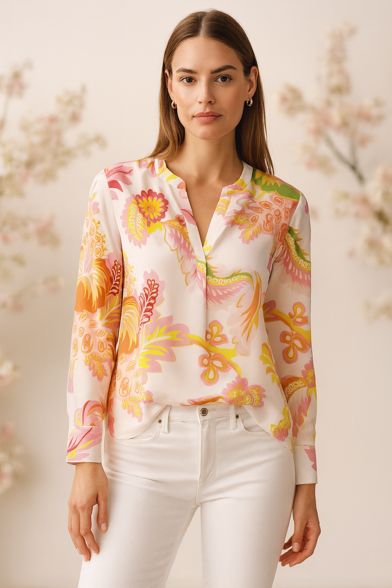 Seidenbluse „Blumen“ Weiß | Multicolor