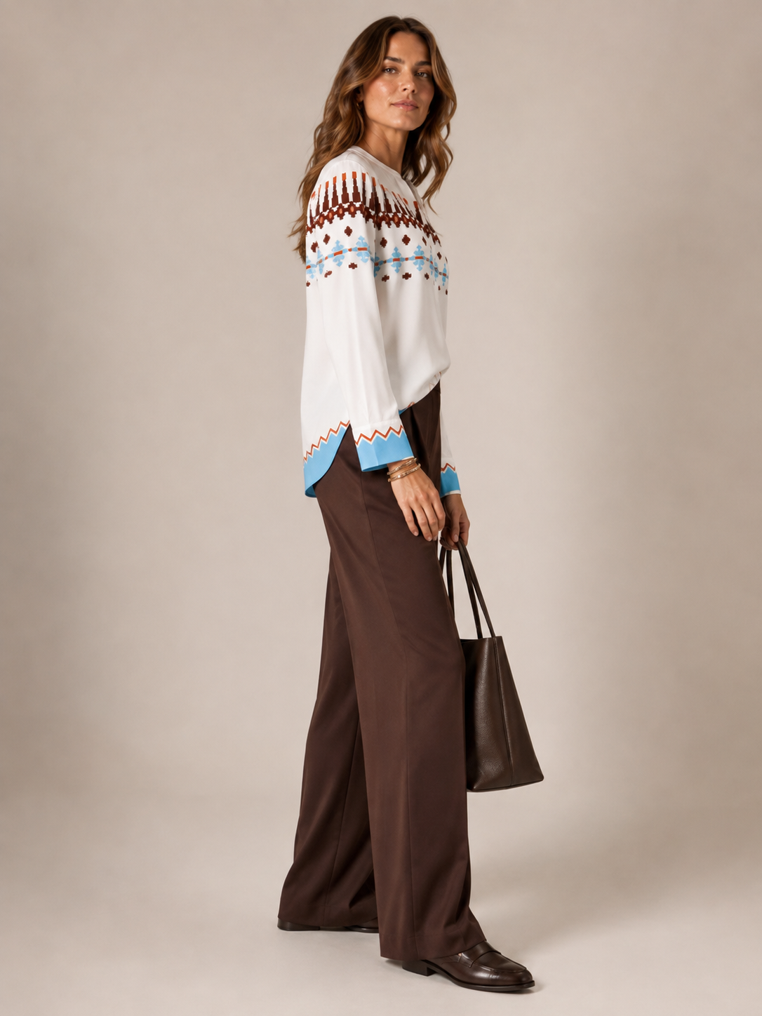 Statement-Bluse „Ethno-Print“ Weiß | Blau | Braun