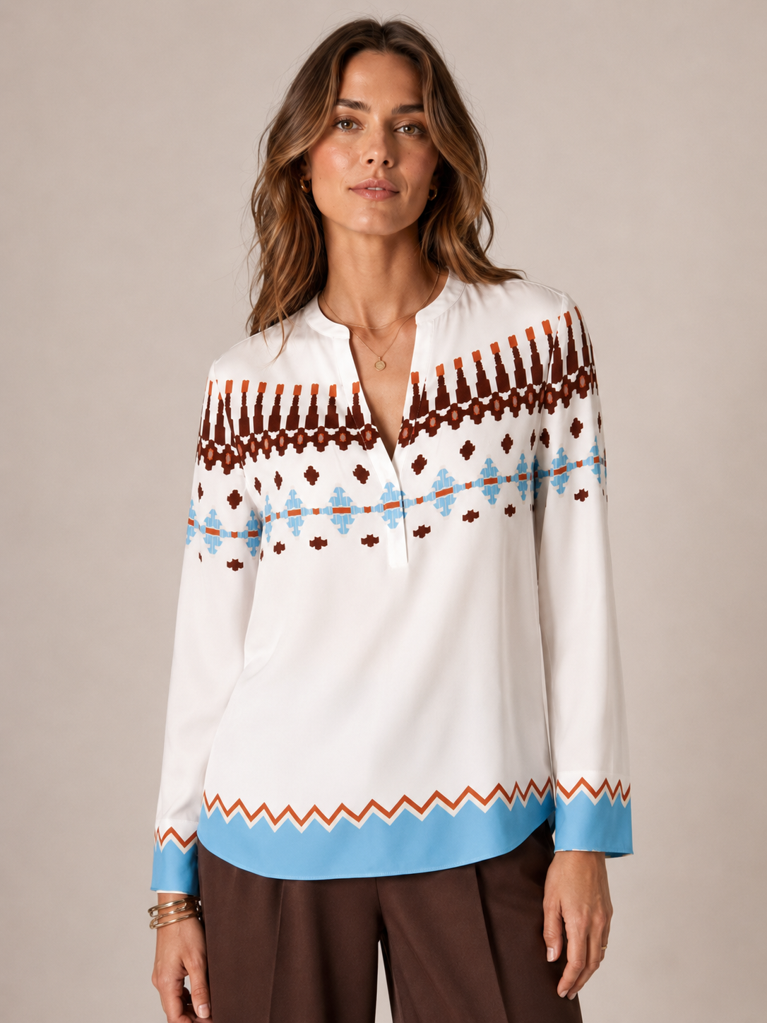 Statement-Bluse „Ethno-Print“ Weiß | Blau | Braun