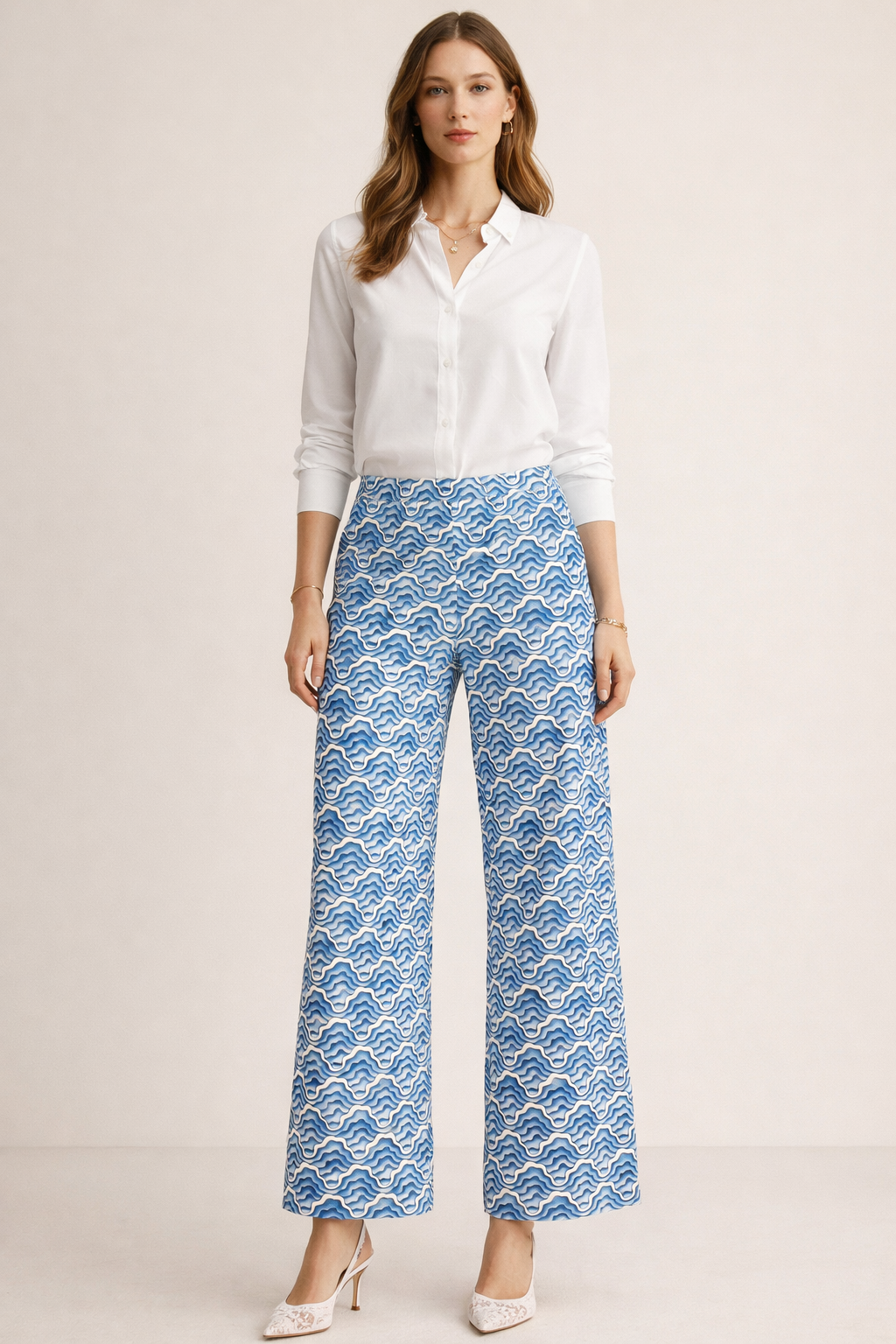 Hose „Wellen-Dessin“ Blau | Weiß