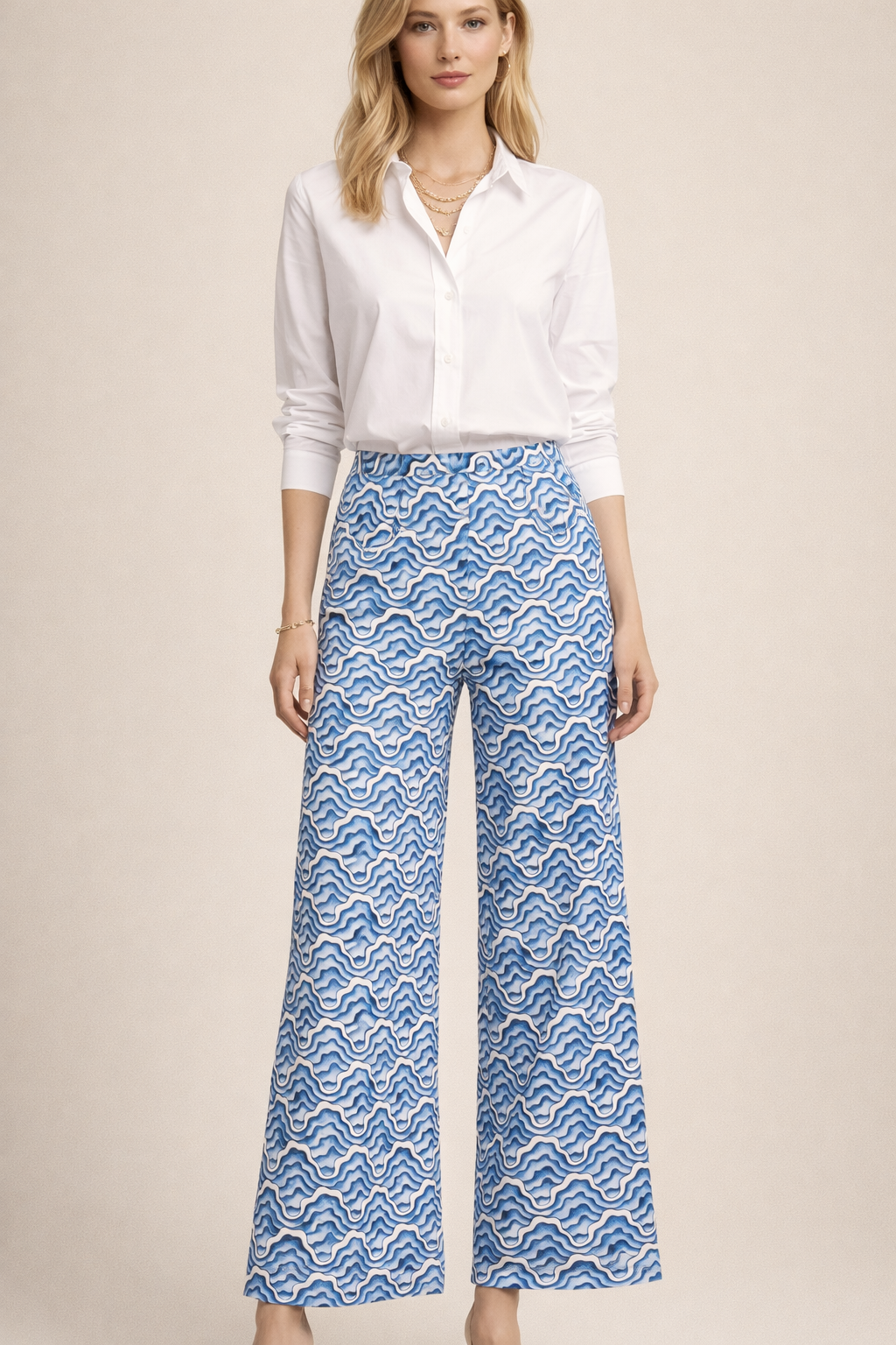 Hose „Wellen-Dessin“ Blau | Weiß