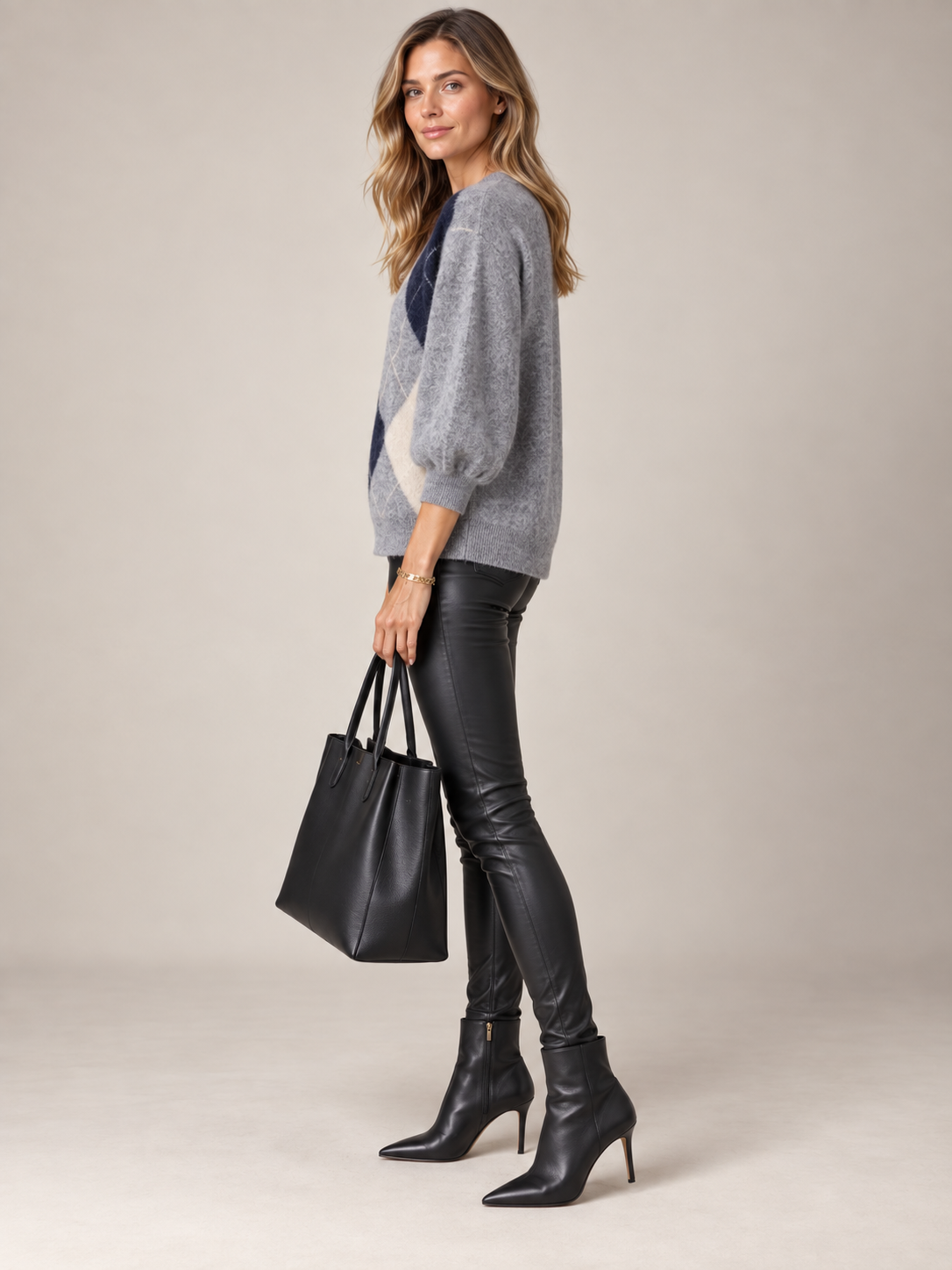 Kaschmir-Pullover „LIV“ Meliert Grau mit Blau | Creme / Seitenansicht