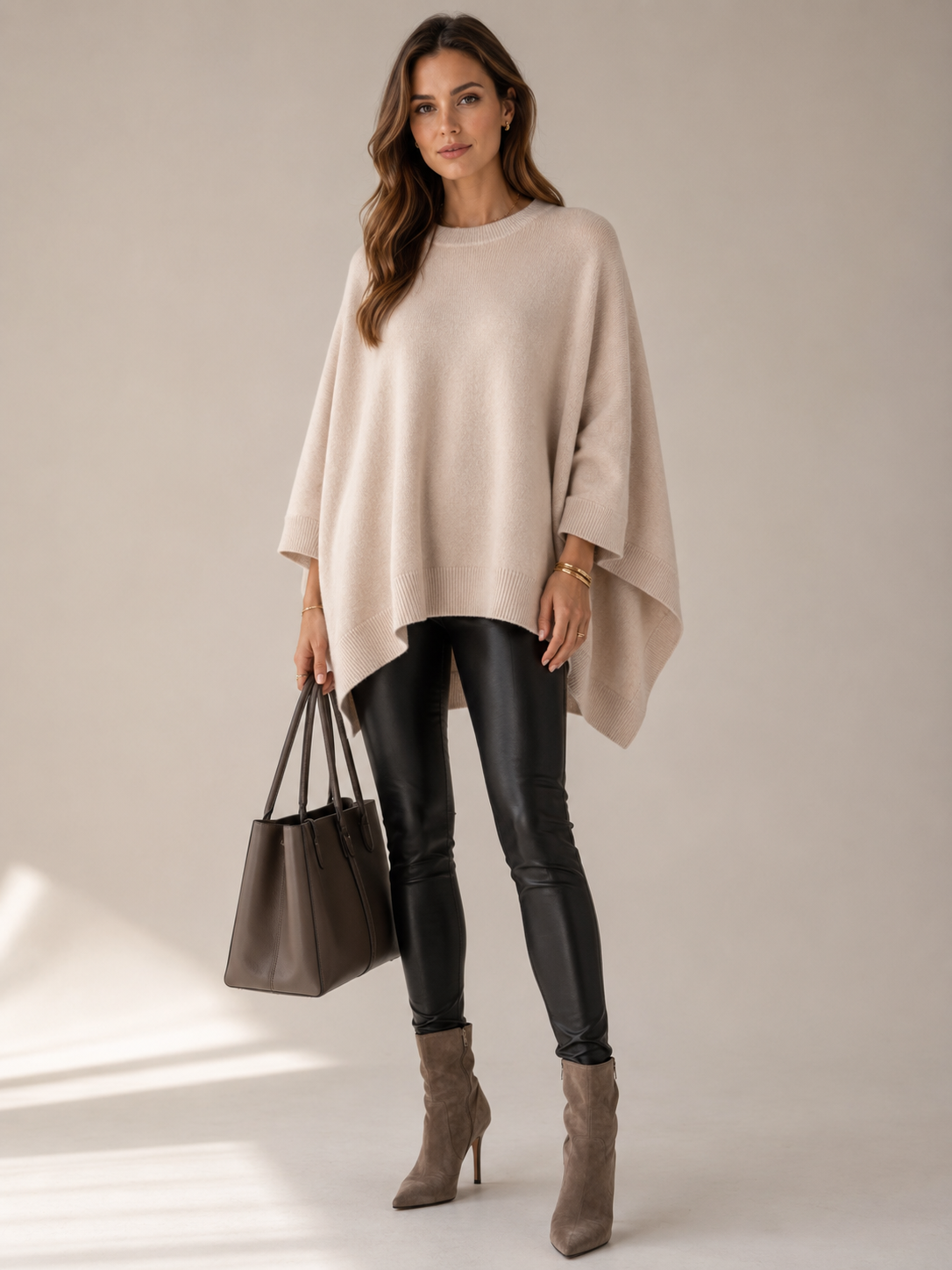Kaschmir-Poncho-Pullover "Kaja" Hellbeige