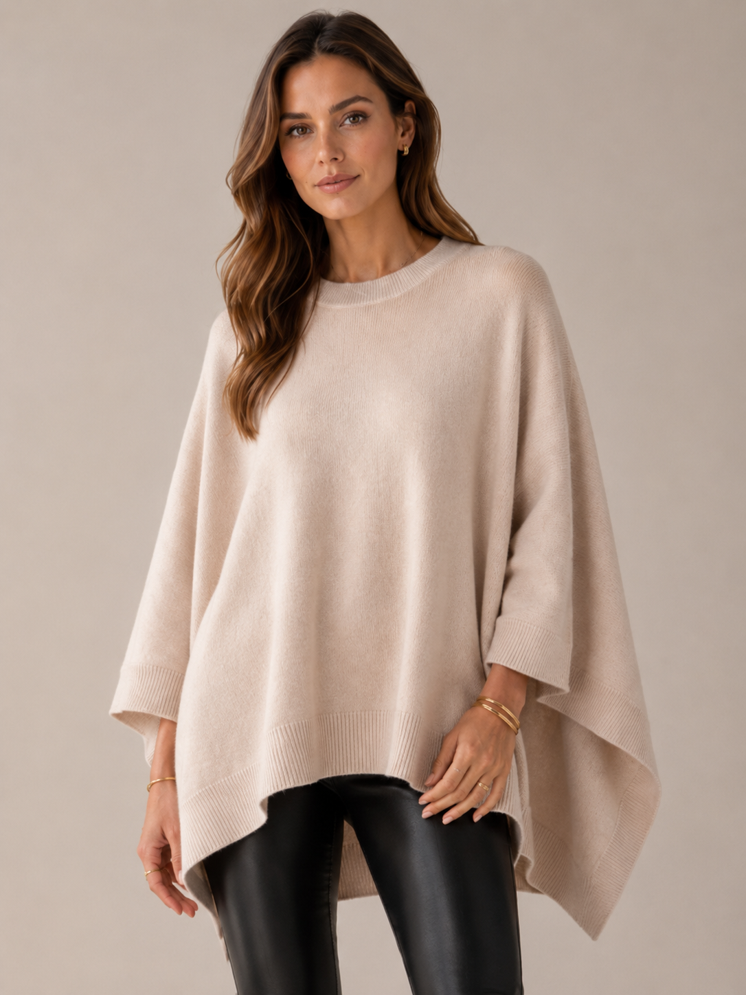 Kaschmir-Poncho-Pullover "Kaja" Hellbeige