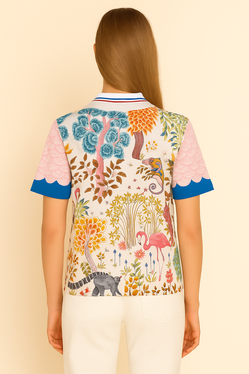 Seidenshirt „Flamingo & Blumen“ Weiß | Multicolor