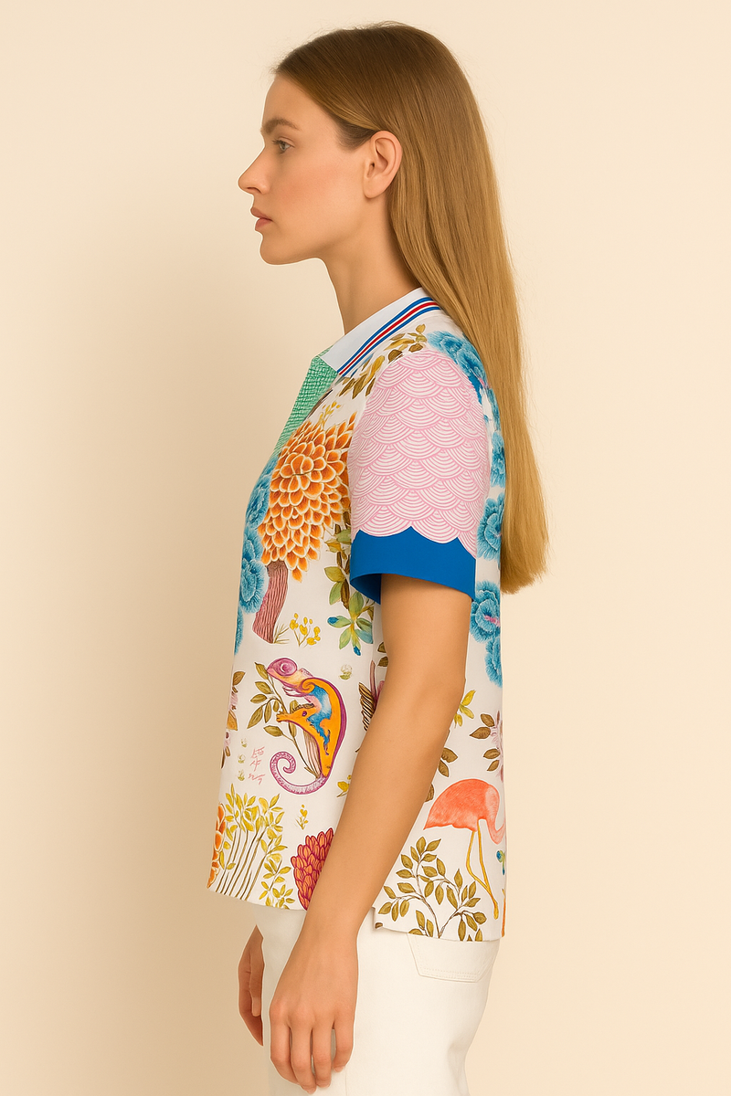 Seidenshirt „Flamingo & Blumen“ Weiß | Multicolor