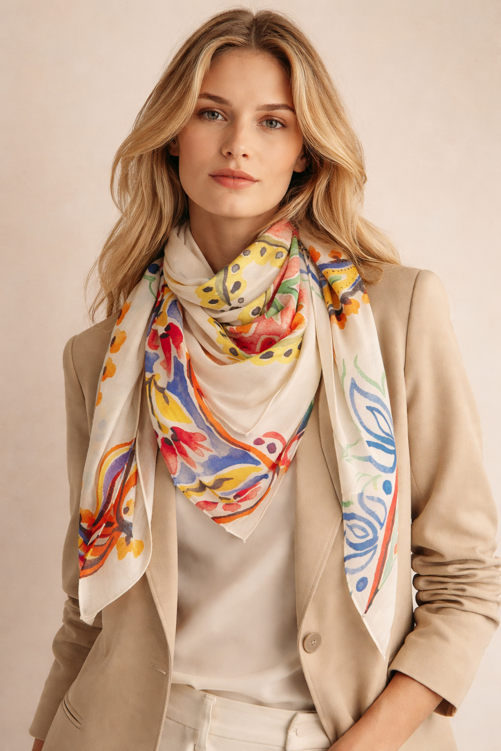 Seide-Kaschmir-Viereckstuch Creme | Multicolor