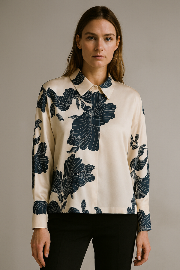 Seiden Bluse „Gingo“ Creme | Dunkelblau