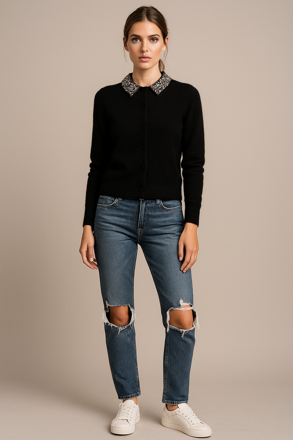 Kaschmir Strickjacke „Strass“ Schwarz