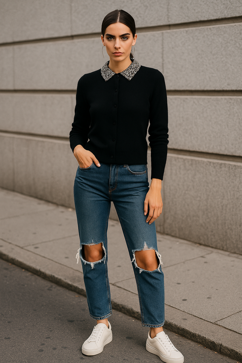 Kaschmir Strickjacke „Strass“ Schwarz