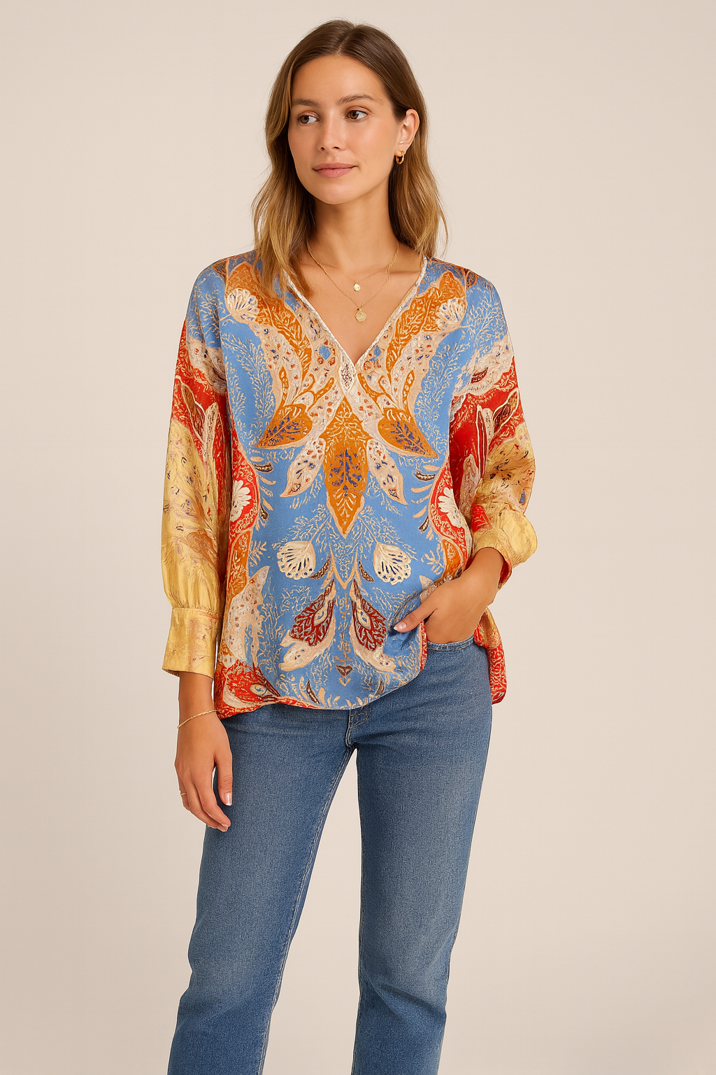 Bluse Blau | Rot | Multicolor