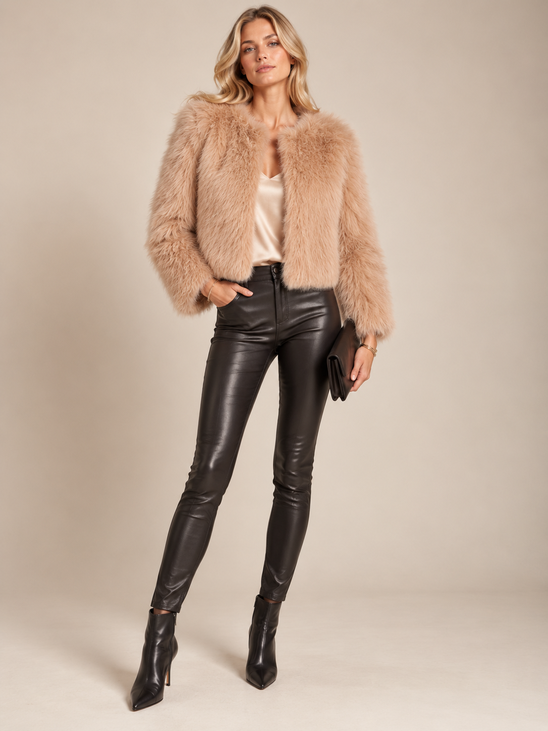 Kimmich Trikot / Kuschelige Eleganz Fake-Fur-Jacke Sand / Frontansicht
