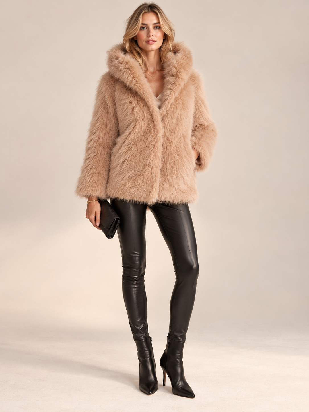 Kimmich Trikot / Mondäne Eleganz Fake-Fur-Jacke Beige / Frontansicht
